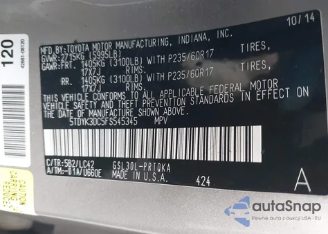 2015 Toyota Sienna Xle Premium 8 Passenger from USA, damaged, VIN 5TDYK3DC5FS545345